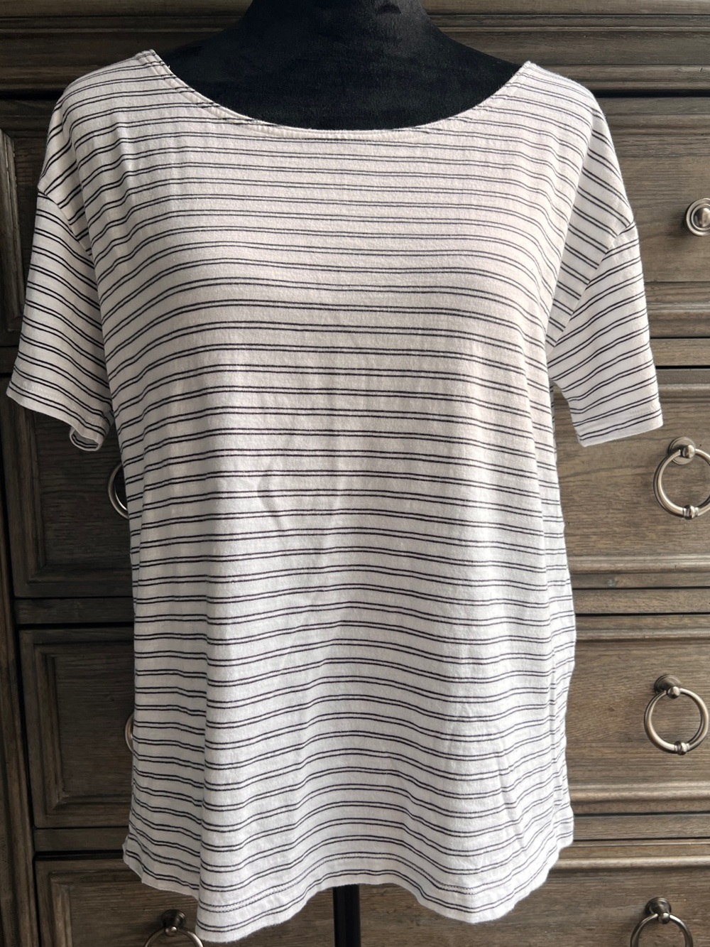 Eileen Fisher White Tee with Thin Black Stripes
